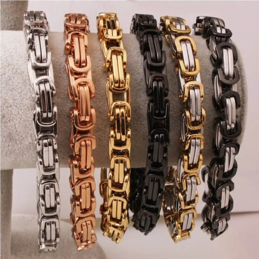 STAINLESS STEEL BYZANTINE MECHANIC SILVER BLACK BIKER BRACELET GOLD BLACK - Picture 5 of 7